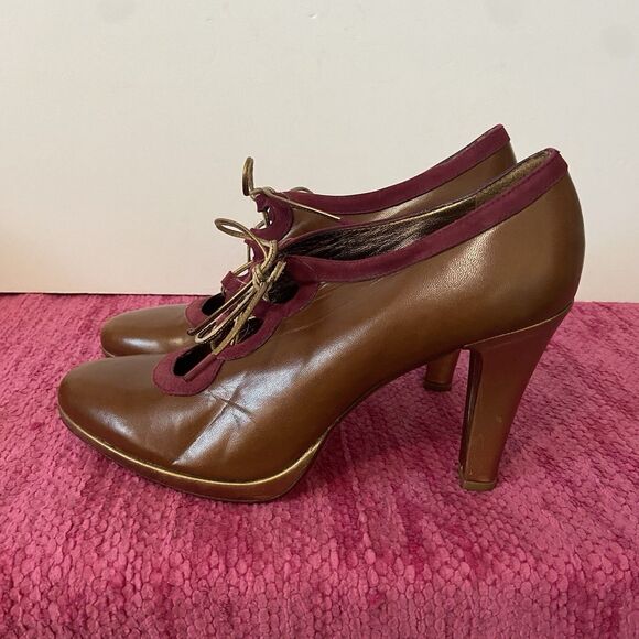 Leifsdottir Lace Up Leather Heels Brown Gold Burgundy Size 9B - Picture 4 of 11